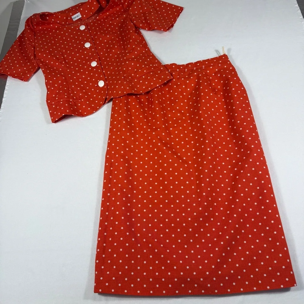 Weinberg Paris Skirt Suit Vintage Red White‎ Polka Dot Short Sleeve Blazer Set